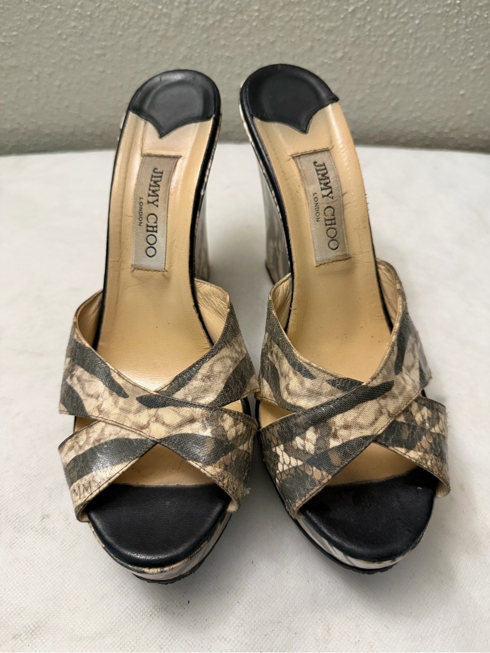 Jimmy Choo Beige and Black Snake-Print Crisscross Mules. Pre-owned , gently used